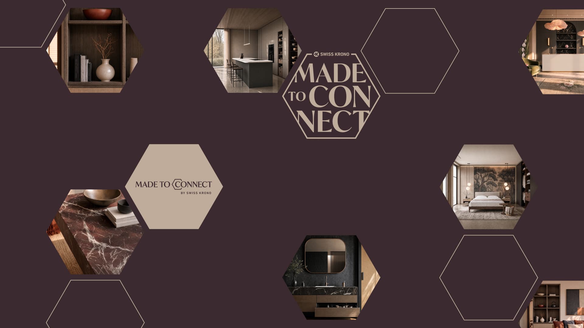 Layout „Made to Connect“: Sechsecke mit Räumen und Dekoren auf dunklem Grund, dazwischen das Logo.
