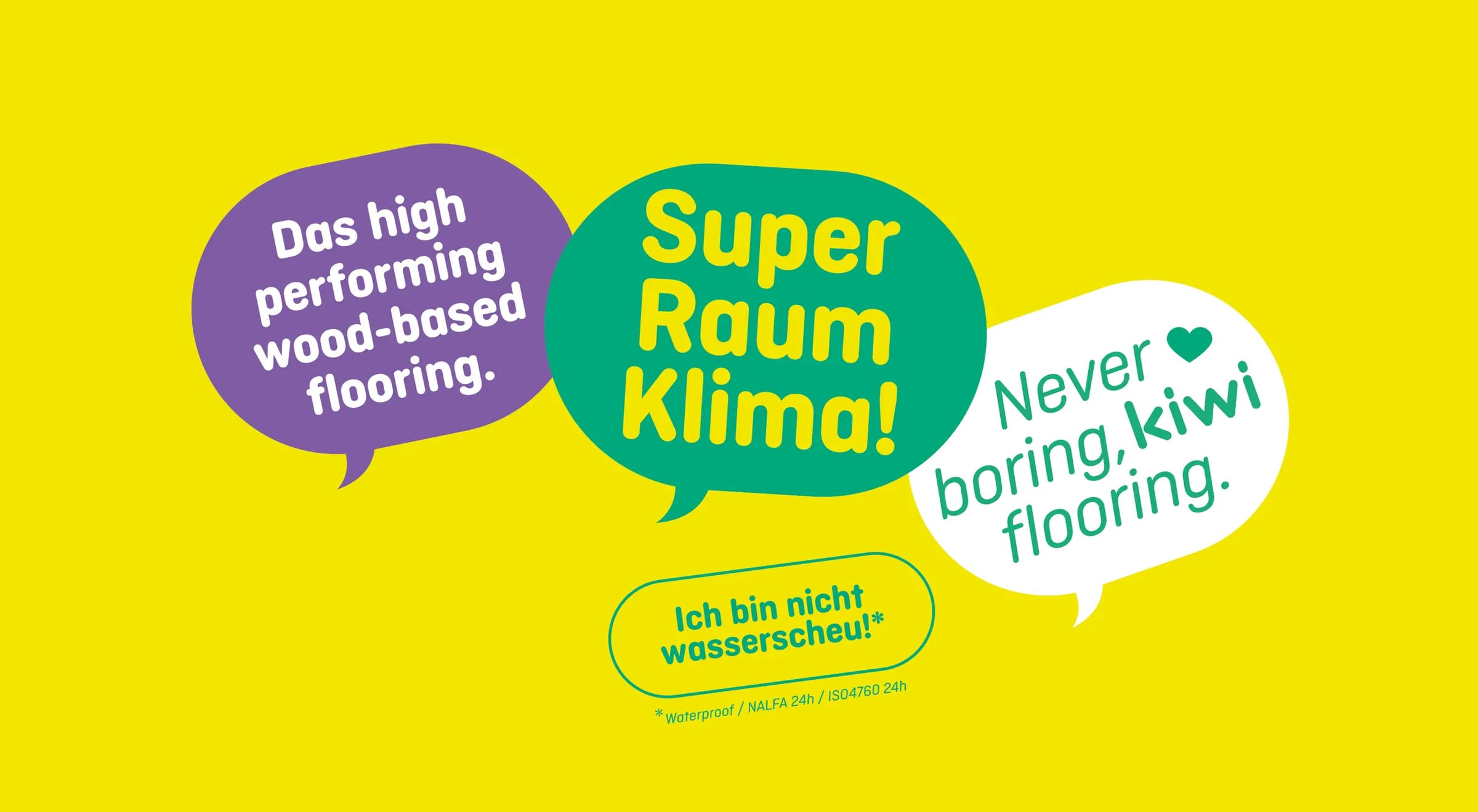Sprechblasen mit den Claims Super Raum Klima und Never boring, kiwi flooring
