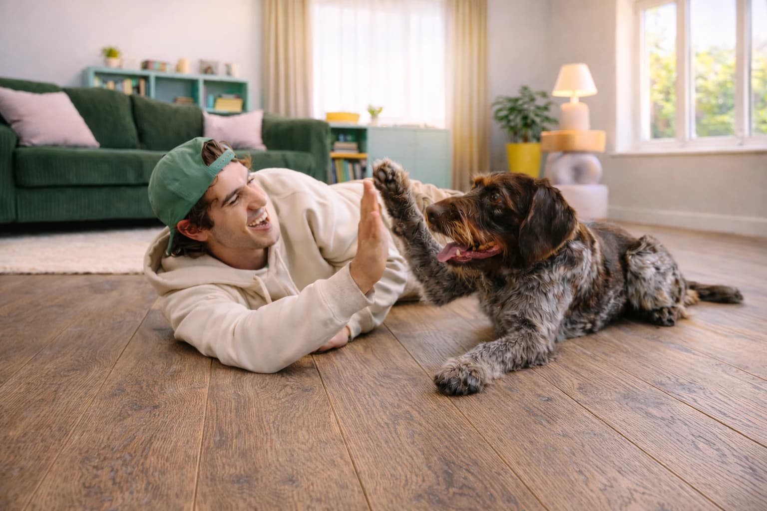 Junger Mann liegt mit seinem Hund auf dem kiwi now Boden im Wohnzimmer