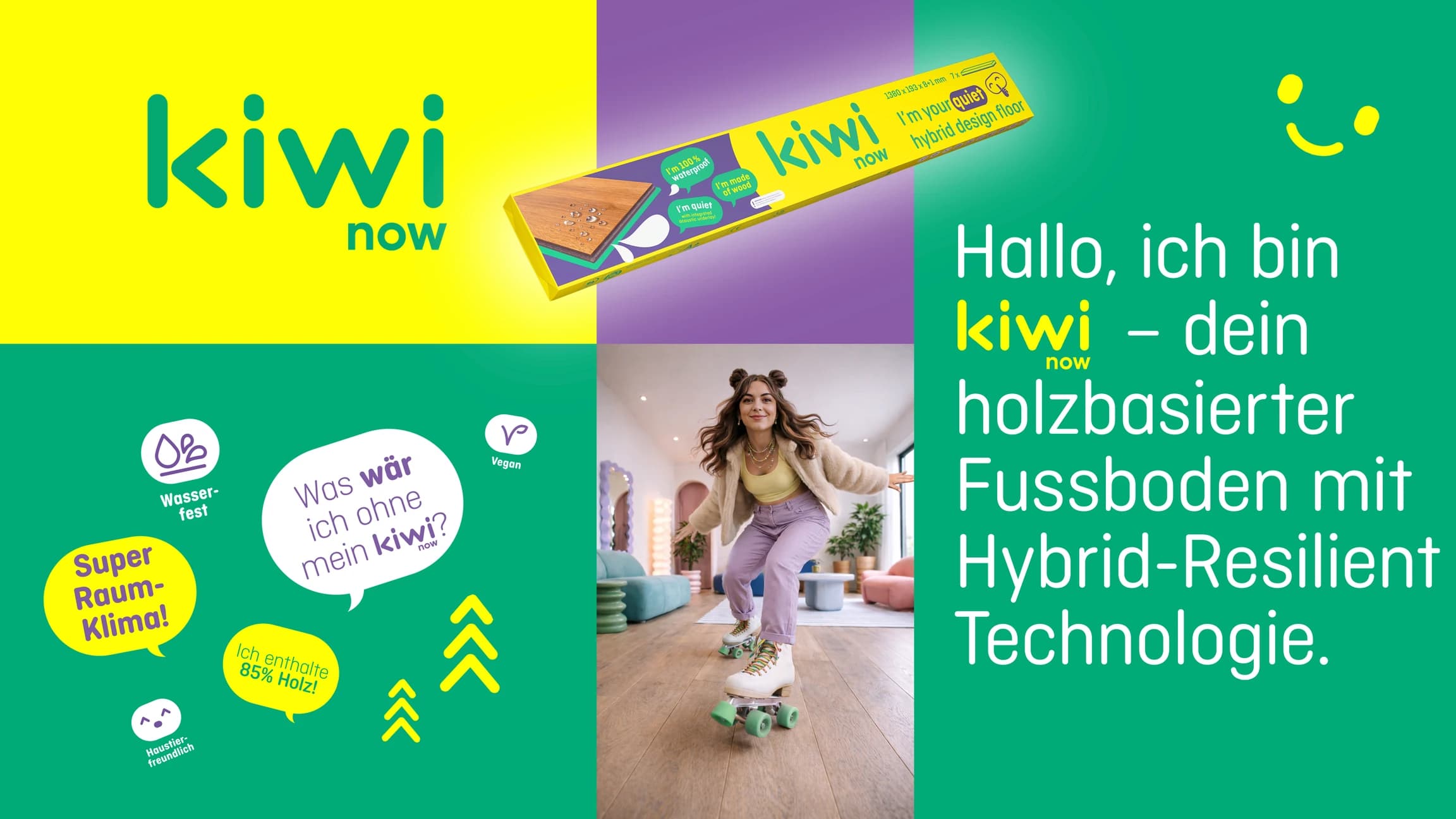 Markenwelt kiwi now: Logo, Verpackung und der Claim zum holzbasierten Fussboden mit Hybrid-Resilient Technologie