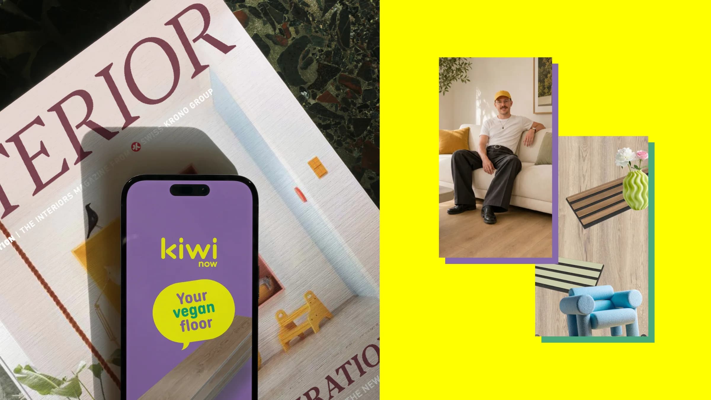 kiwi now in a magazine and on the phone, next to a collage of decors