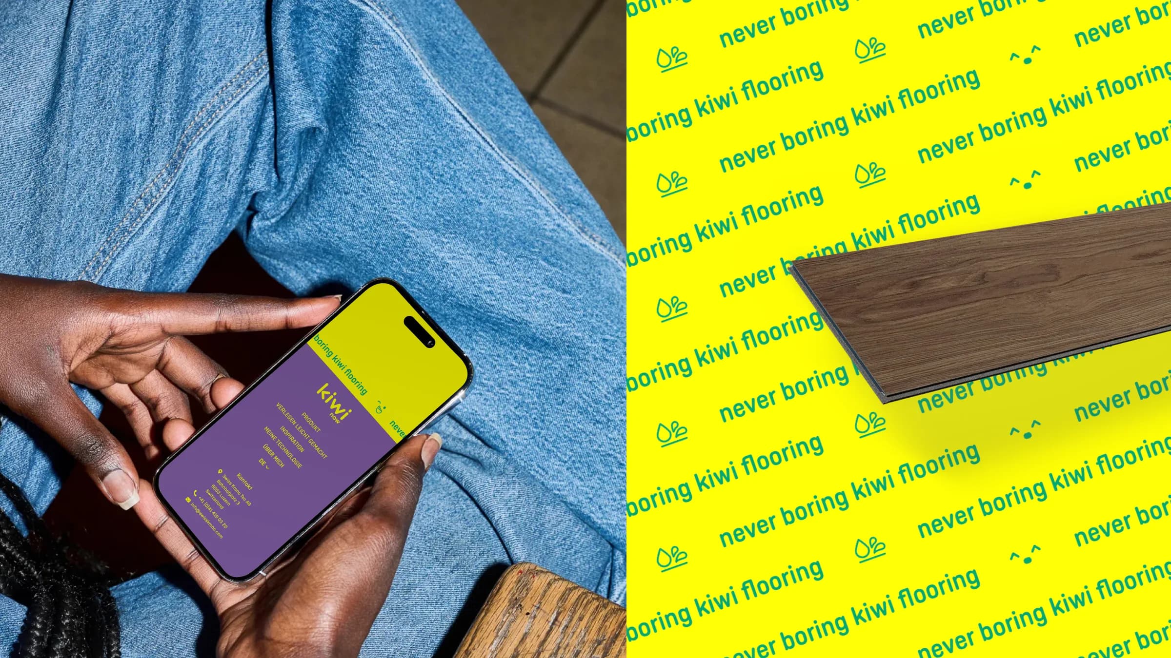 The brand on the phone and as a pattern: never boring kiwi flooring