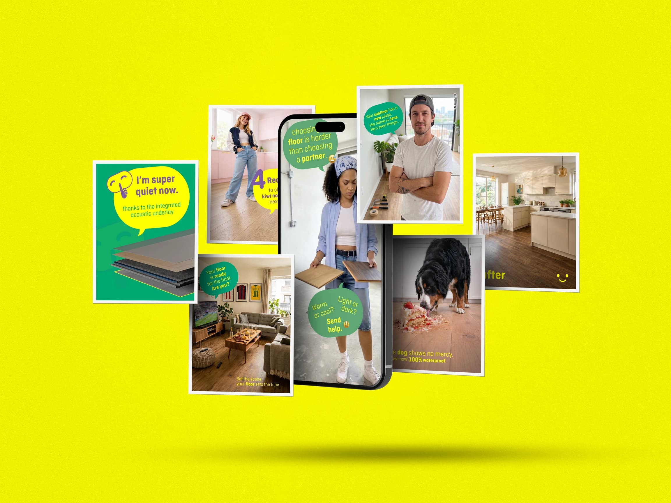Story-Formate von kiwi now rund um ein Smartphone, mit Claims wie I'm super quiet now und Warm or cool?