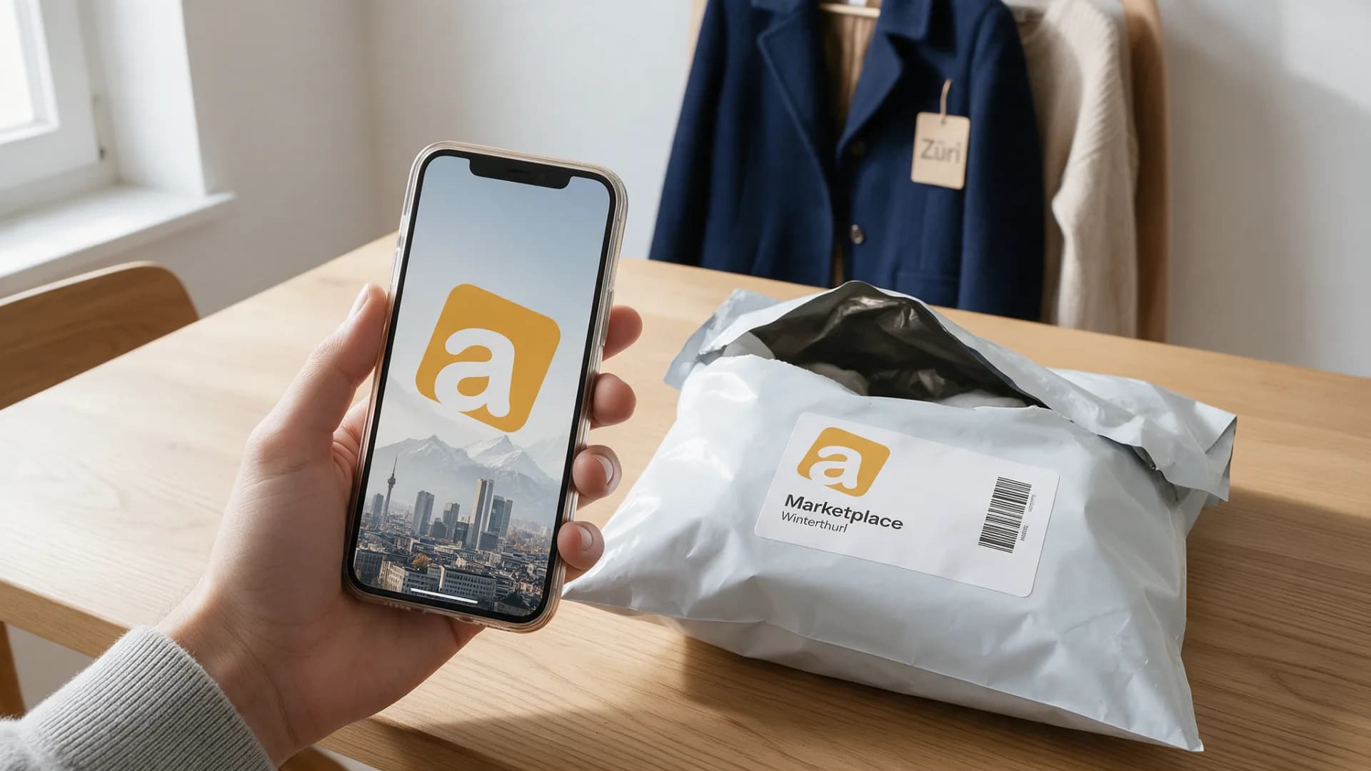 A smartphone with the anibis app next to a mailing bag with an anibis label