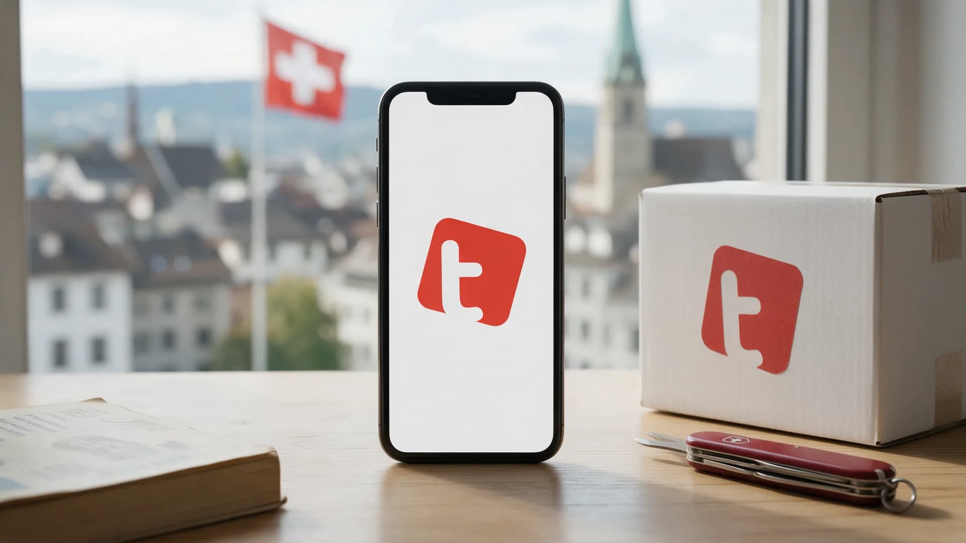 A smartphone with the tutti T and a parcel with the tutti logo, a town with a Swiss flag behind