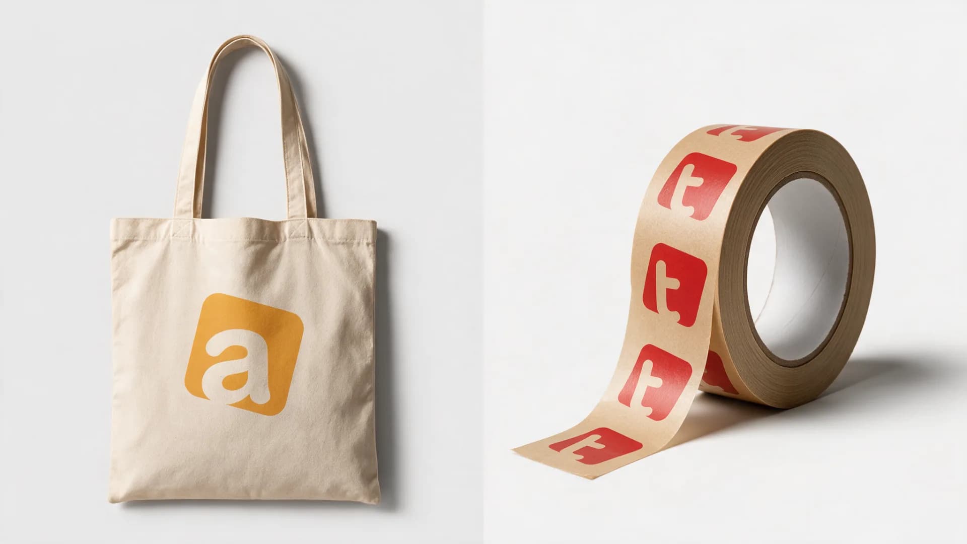 A tote bag with the anibis pictorial mark next to a roll of parcel tape with the tutti T