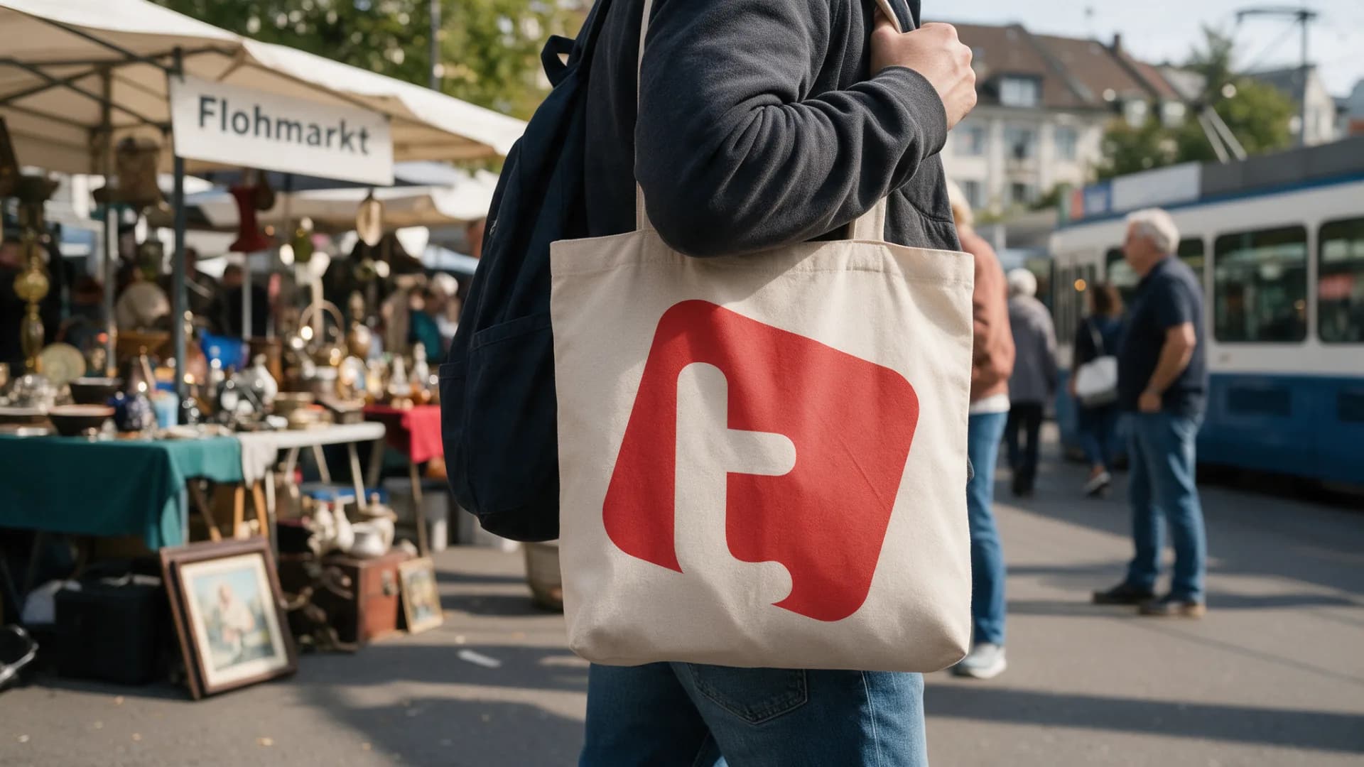 A tote bag with the tutti T at a flea market in town