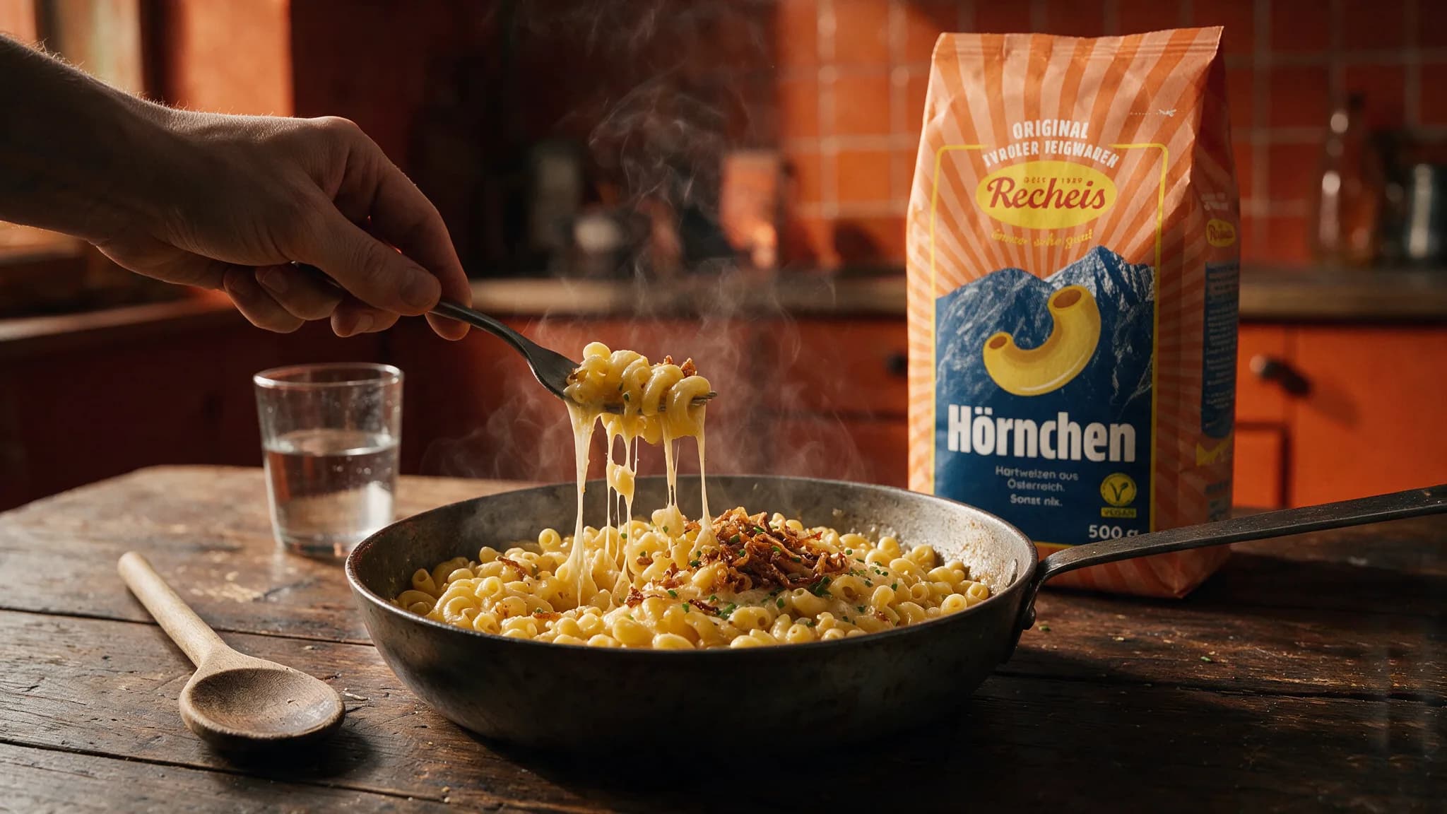 Recheis Hörnchen with melted cheese in the pan, a fork pulling strings of cheese, the pack behind