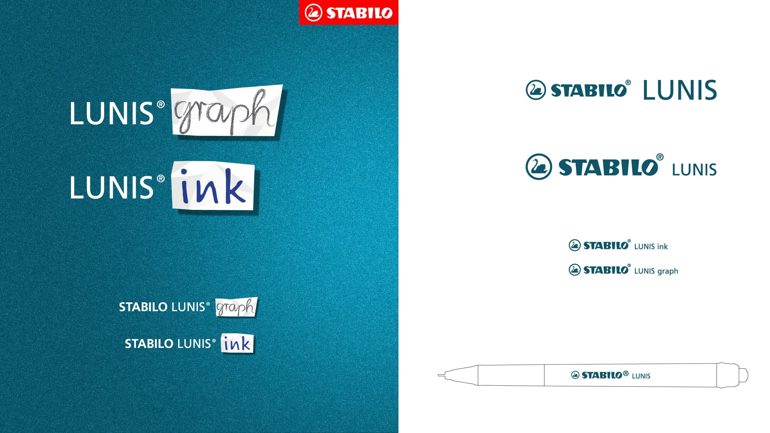 The responsive logo system: STABILO LUNIS, LUNIS graph and LUNIS ink at different sizes