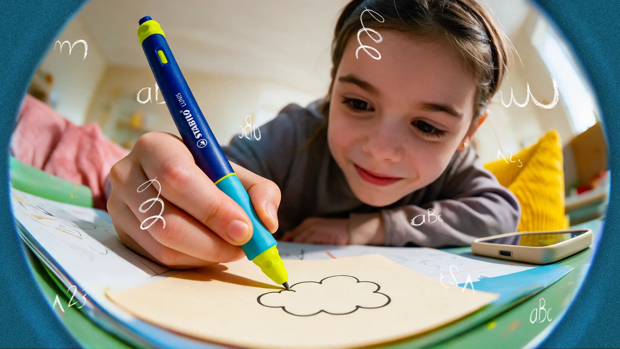 A girl draws a cloud with the STABILO LUNIS graph, drawn letters and swirls floating around her, seen as if through a magnifier