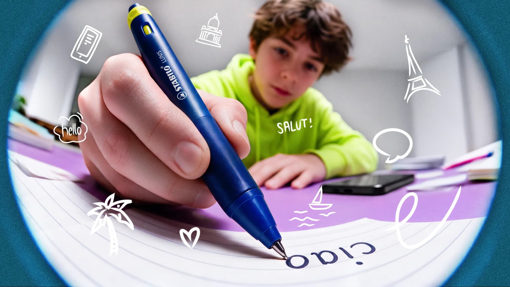 A boy writes “ciao” on lined paper with the STABILO LUNIS ink, drawn symbols around him