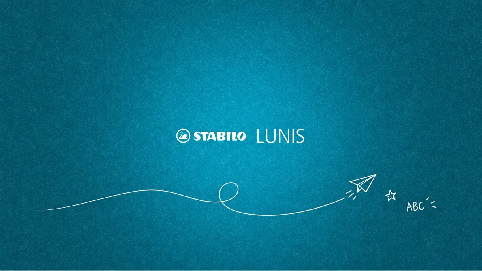 The STABILO LUNIS logo on petrol, with a paper plane on a swoosh, a star and “ABC” below