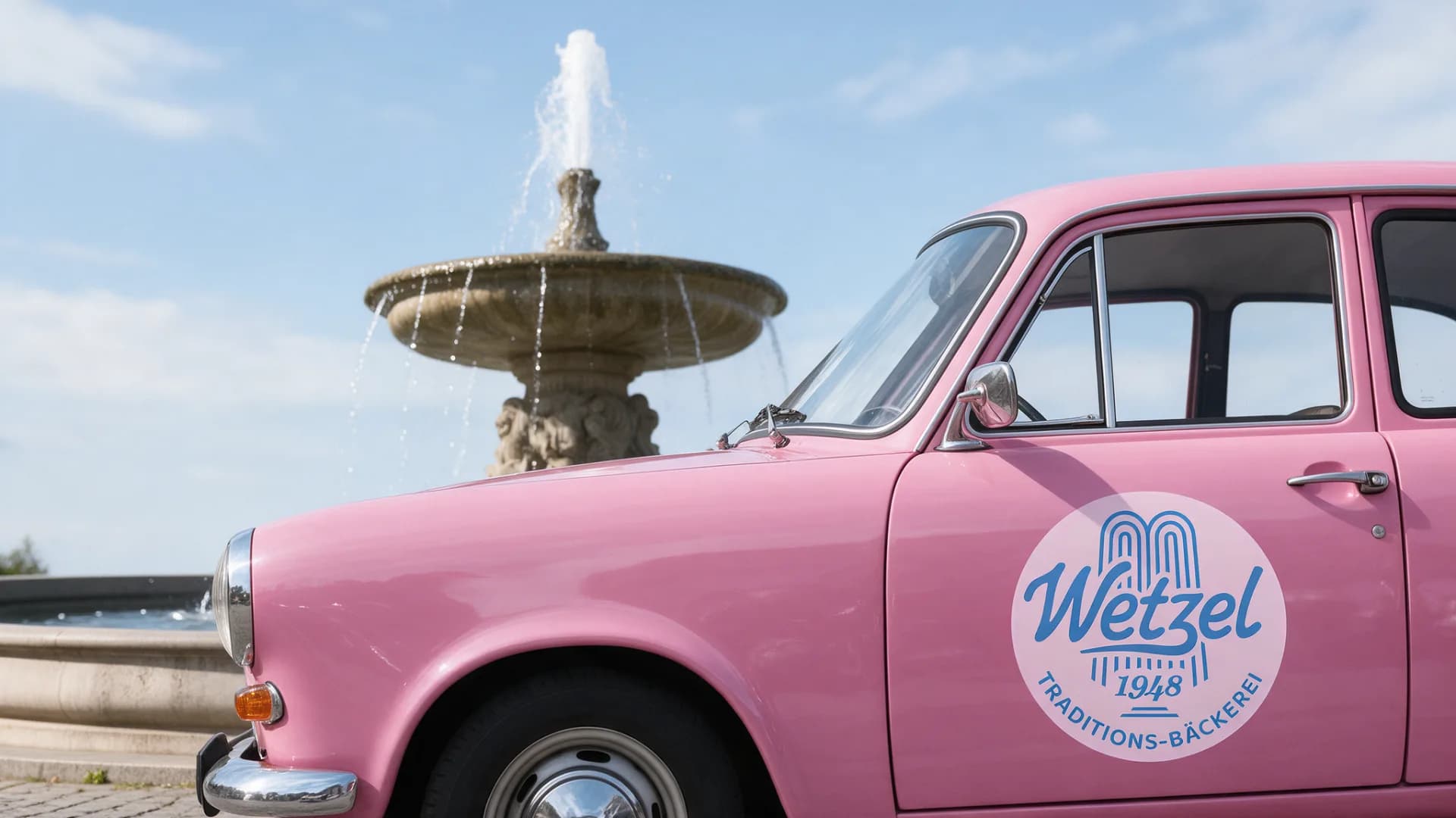 Ein pinkes Auto mit dem runden Wetzel-Siegel auf der Tür, dahinter ein Brunnen