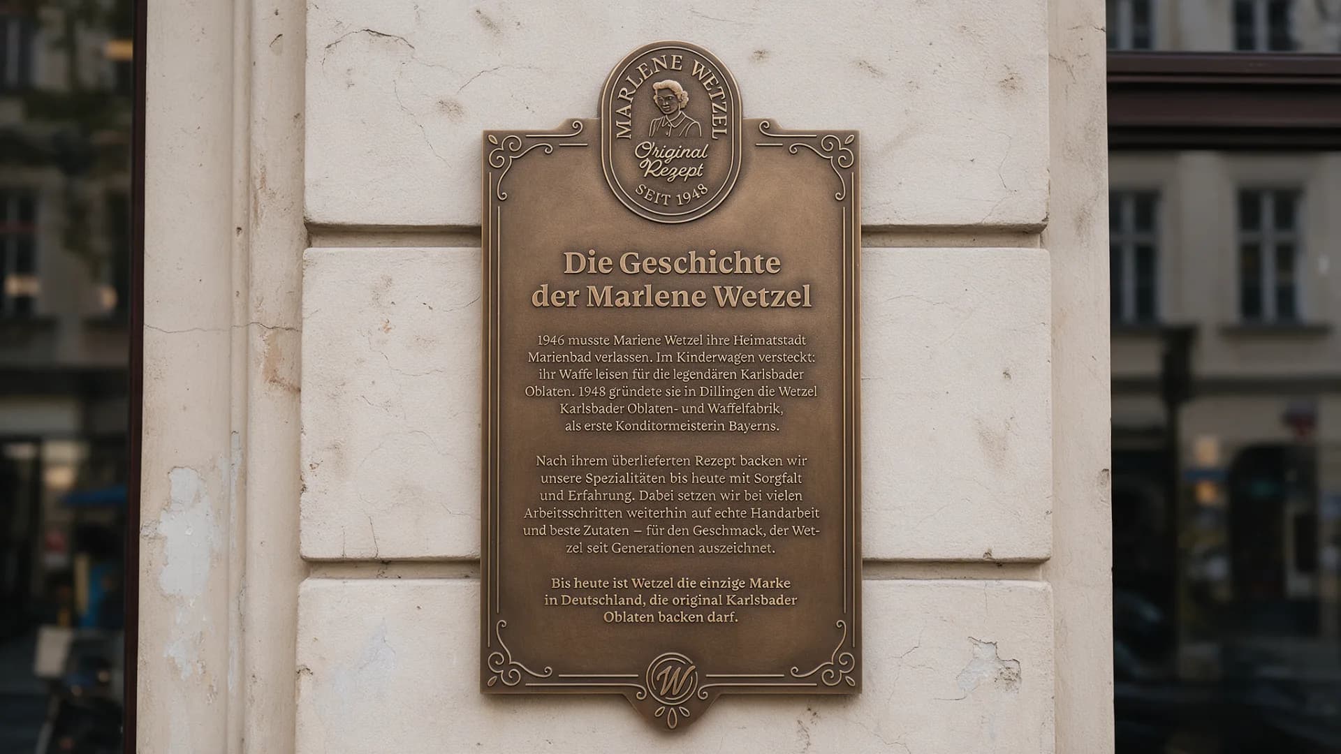 Eine Bronzetafel an einer Hauswand: „Die Geschichte der Marlene Wetzel“ mit dem Siegel „Original Rezept seit 1948“