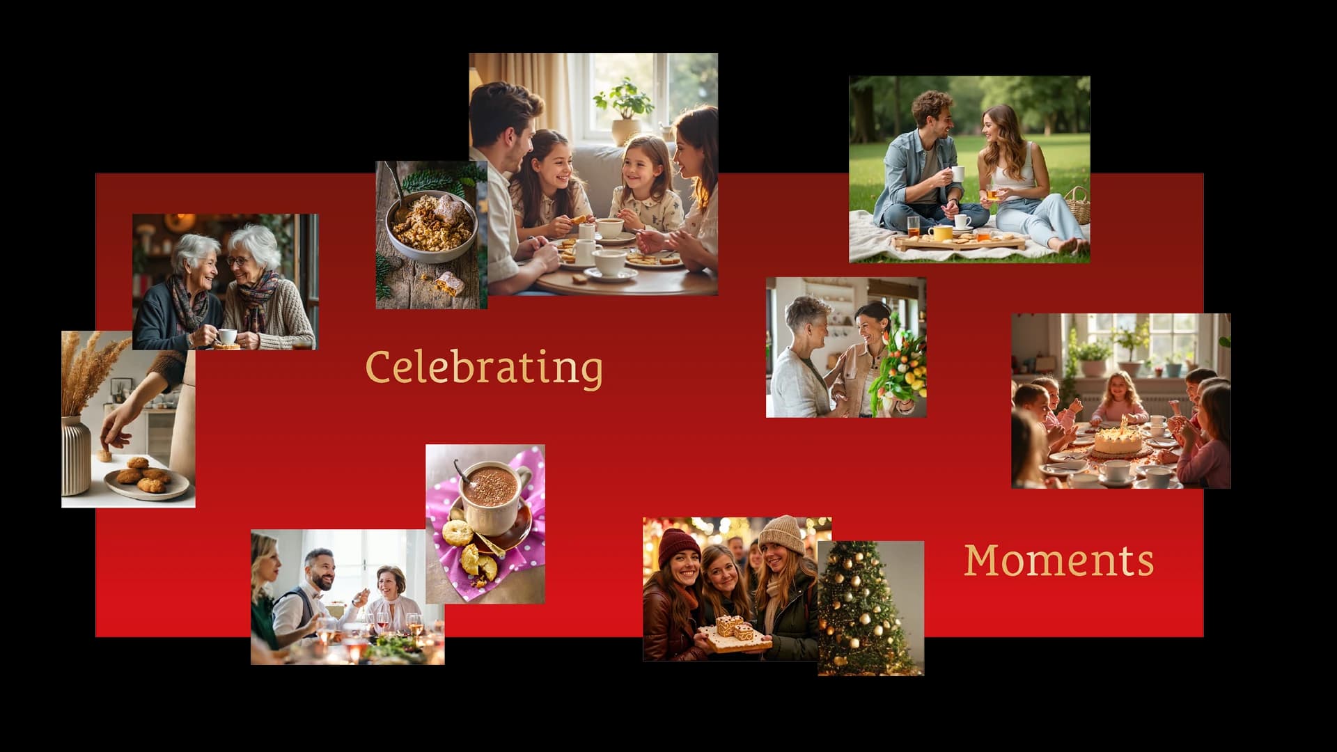 Celebrating Moments: a montage of everyday moments with gingerbread and coffee on Wicklein red