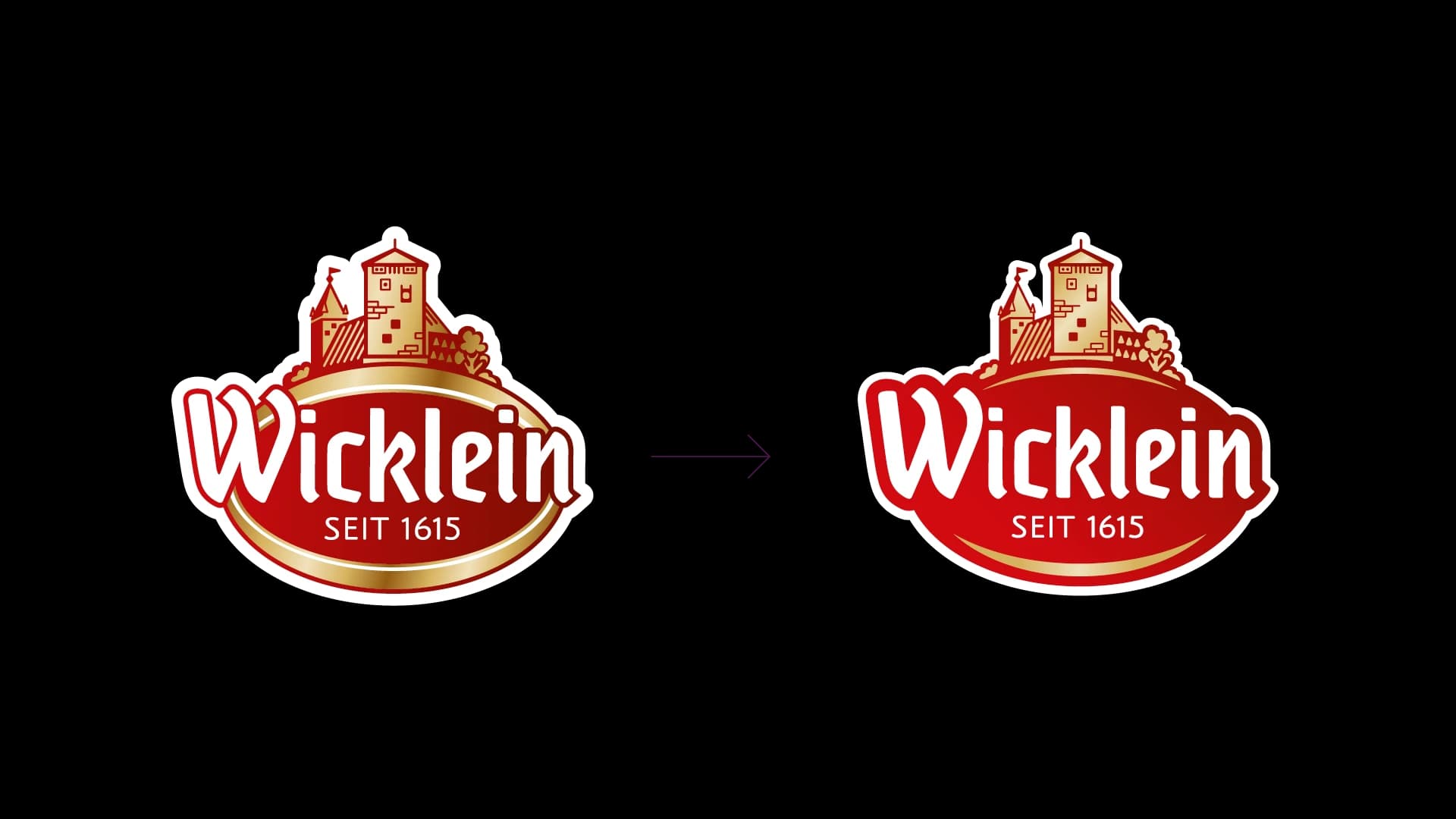 Logo evolution: the previous Wicklein mark next to the sharpened version, joined by an arrow