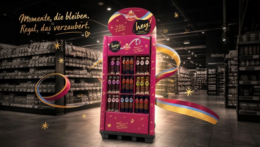 hey! Elisen gingerbread as a line of its own: display carton in-store with bows in several colours