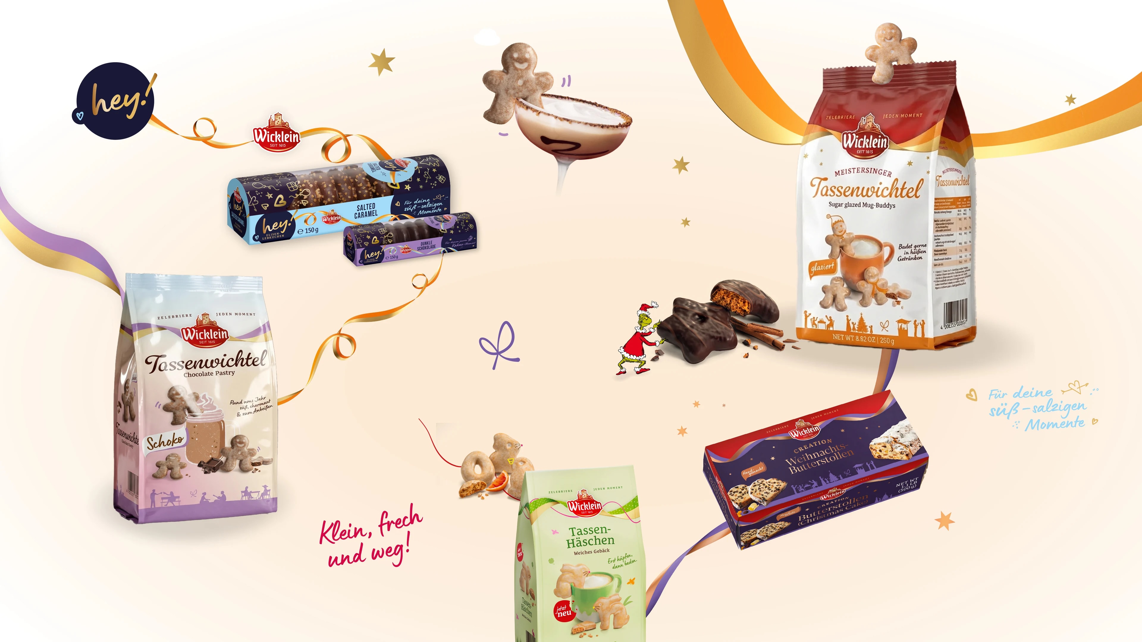 Overview of the Wicklein lines: hey!, Tassenwichtel, Tassenhäschen, Meistersinger and Creation Christmas butter stollen, tied together by bows in their own colours