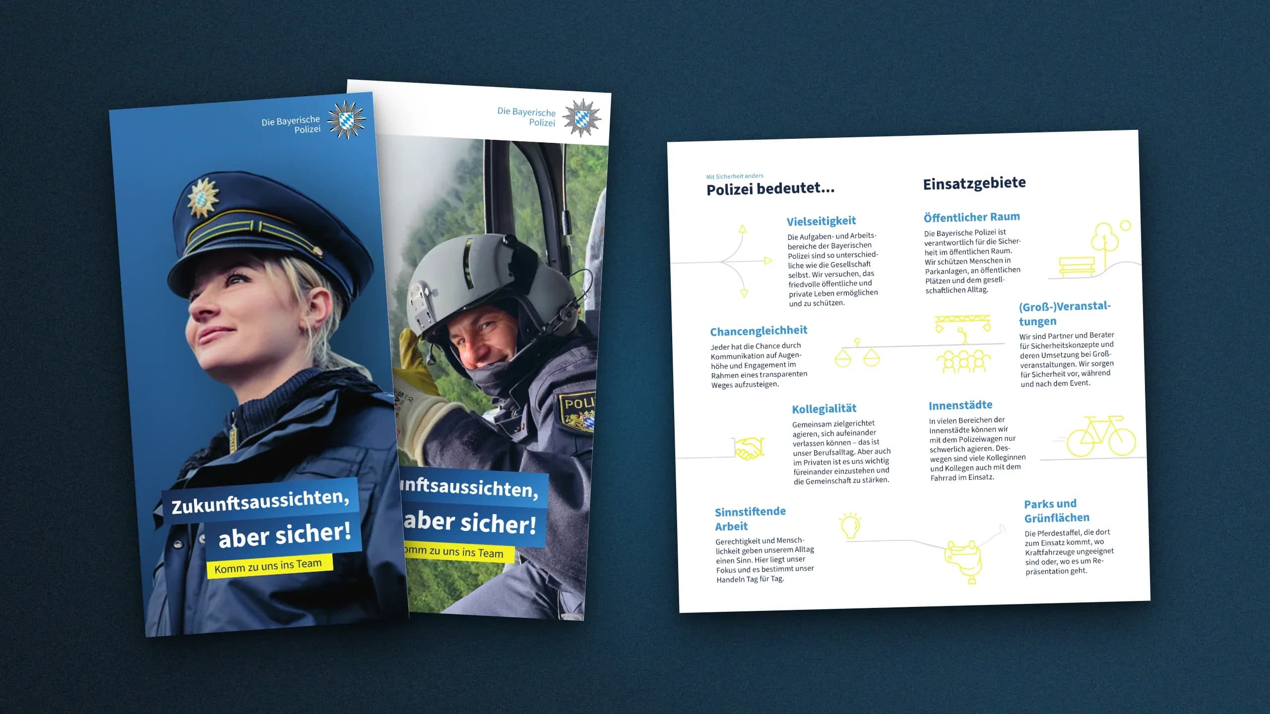 Recruiting-Flyer: Titel „Zukunftsaussichten, aber sicher!“ und die Innenseite „Polizei bedeutet …“.