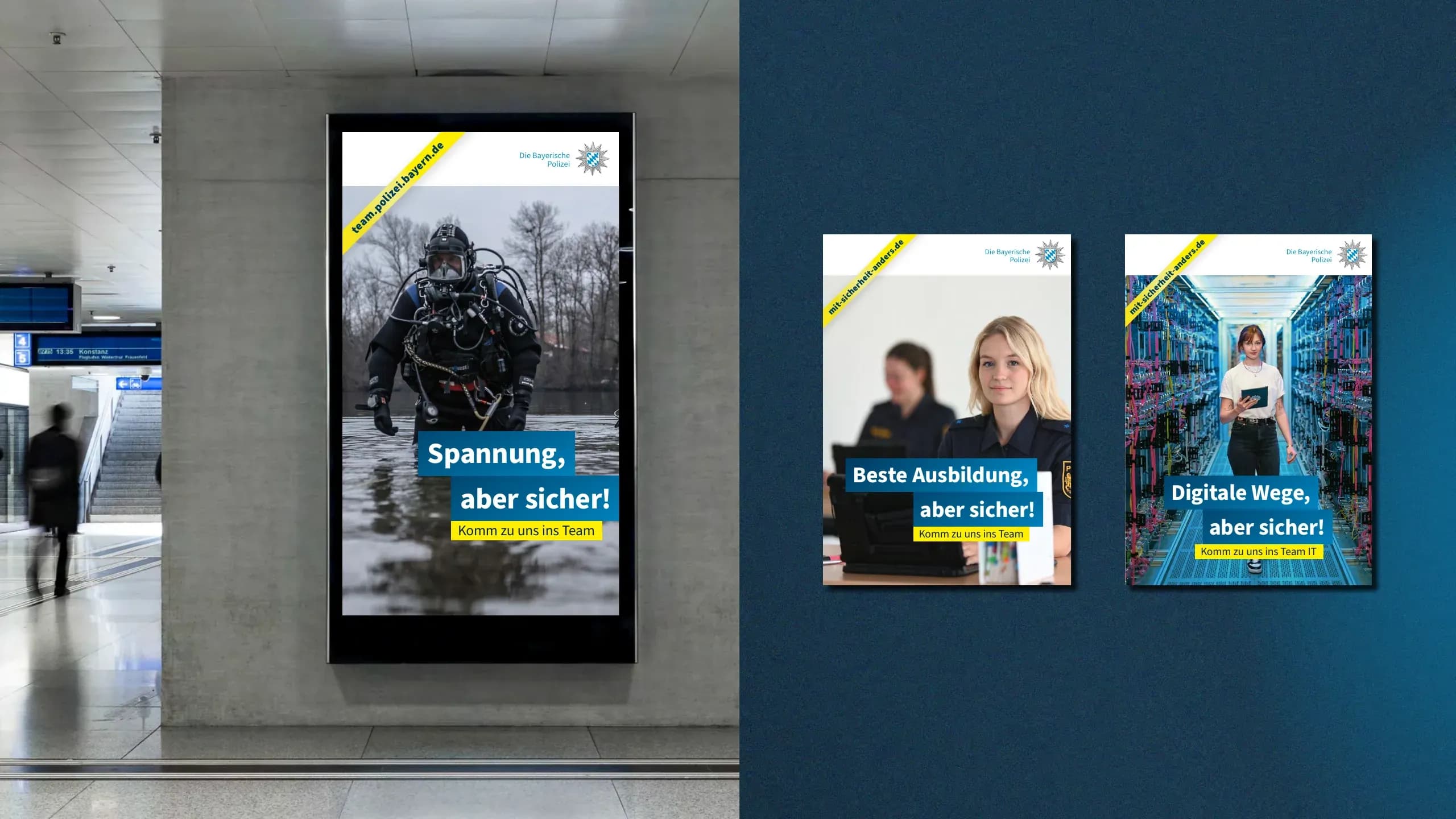 Plakate: „Spannung, aber sicher!“ als Digitalplakat im Bahnhof, dazu „Beste Ausbildung“ und „Digitale Wege“.