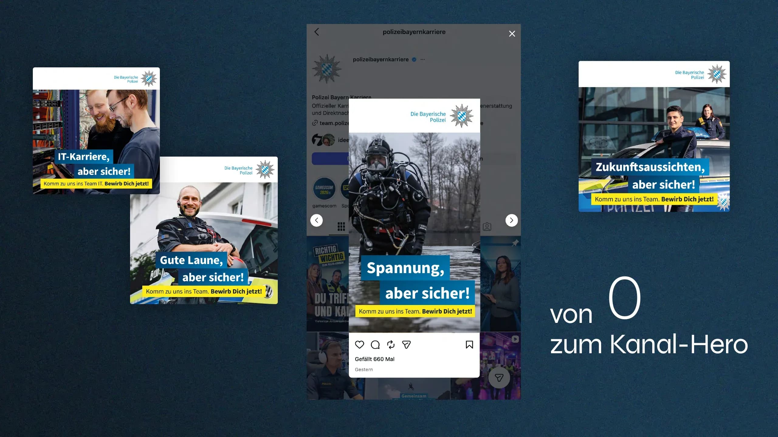 Social Media: Kampagnenmotive auf Instagram, „von 0 zum Kanal-Hero“.