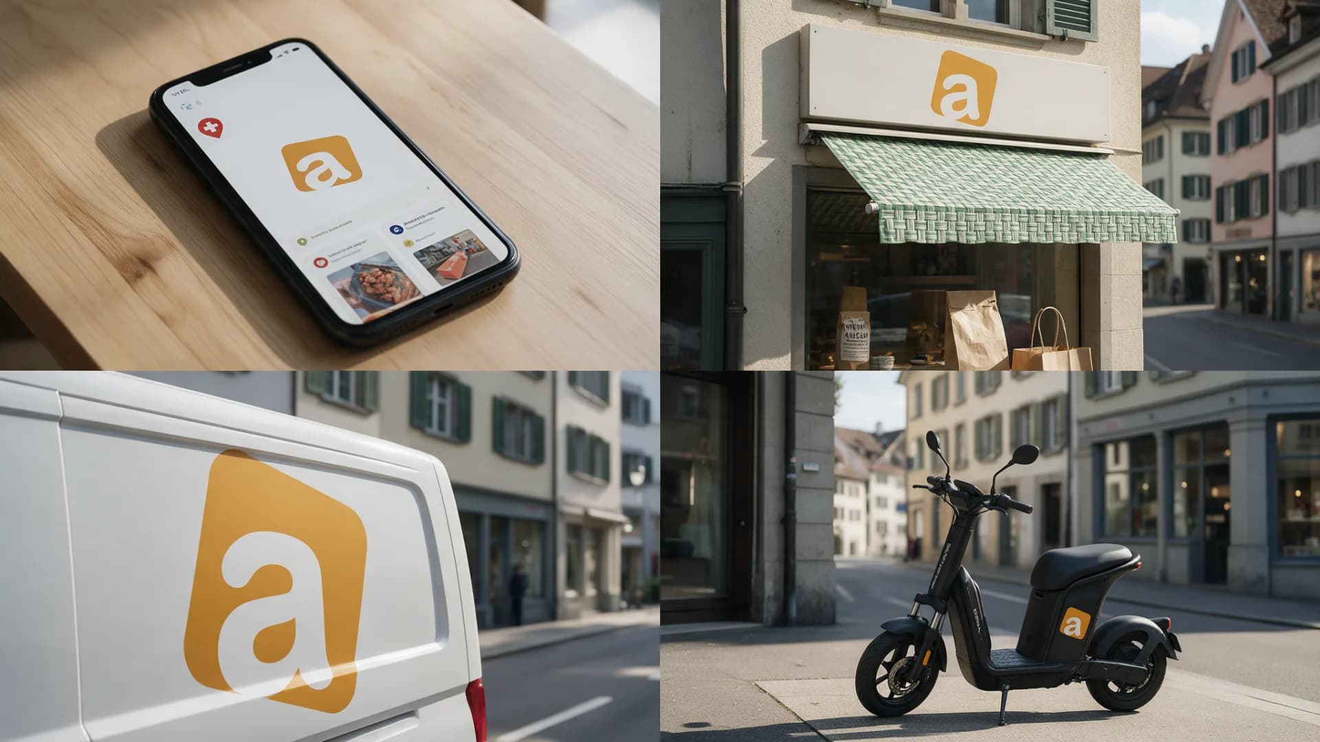 The anibis pictorial mark in everyday life: on a phone, above a shop, on a van and on a scooter