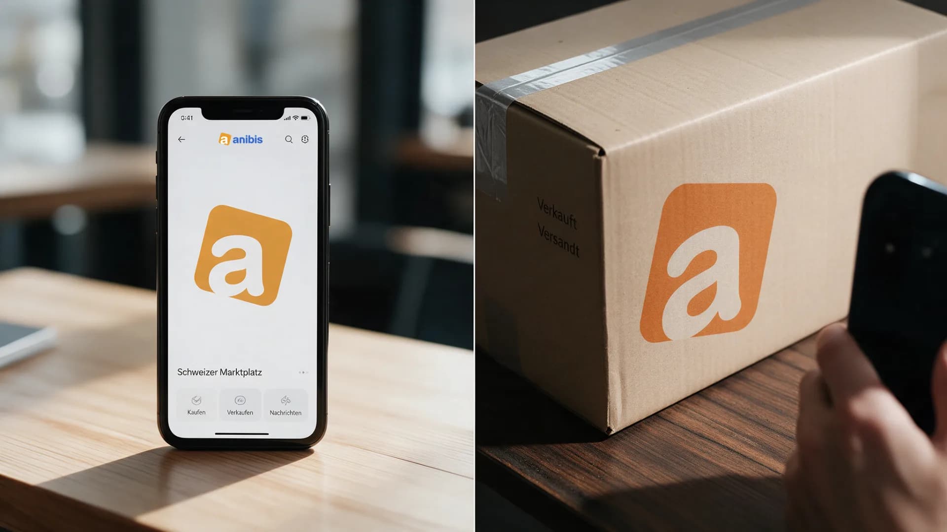 The anibis pictorial mark as an app icon on a phone and on a parcel
