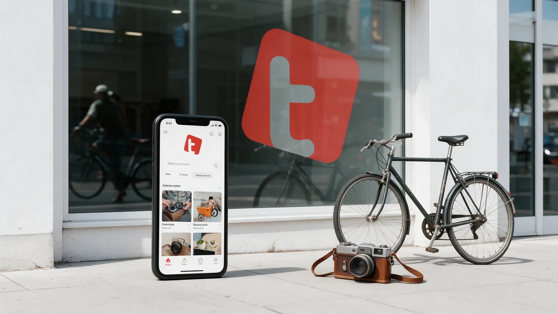 The tutti app on a phone, the tutti T on a shop window behind it, a bicycle and a camera