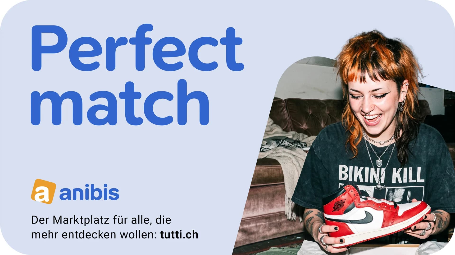 anibis campaign visual: “Perfect match” with a young woman and a sneaker