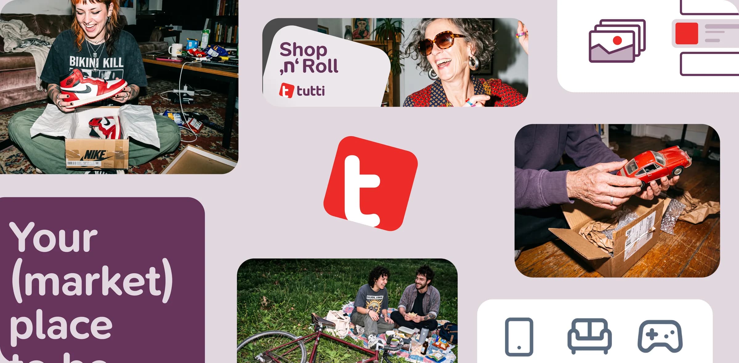 The tutti visual world: people unpacking second-hand finds, a picnic in the park, the tutti T, the “Shop ’n’ Roll” poster and the line “Your (market) place to be”