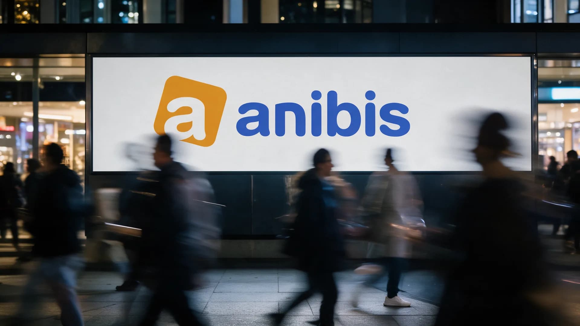 A large poster with the anibis logo on a shopping street, passers-by in motion in front of it
