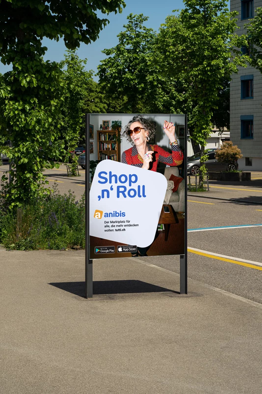 Poster for anibis with “Shop ’n’ Roll” by a street