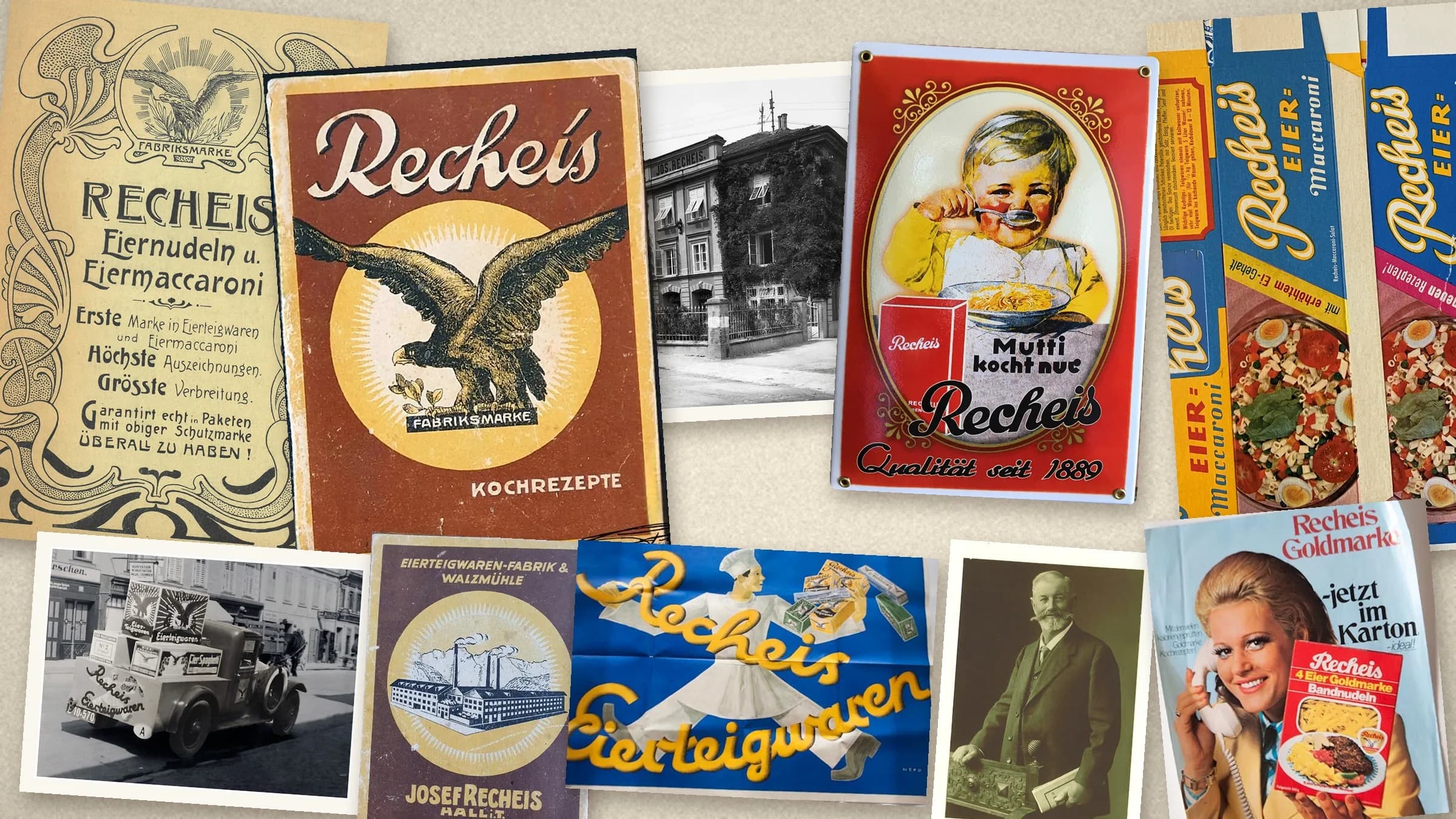Collage from the Recheis archive: historic ads, packaging and photos
