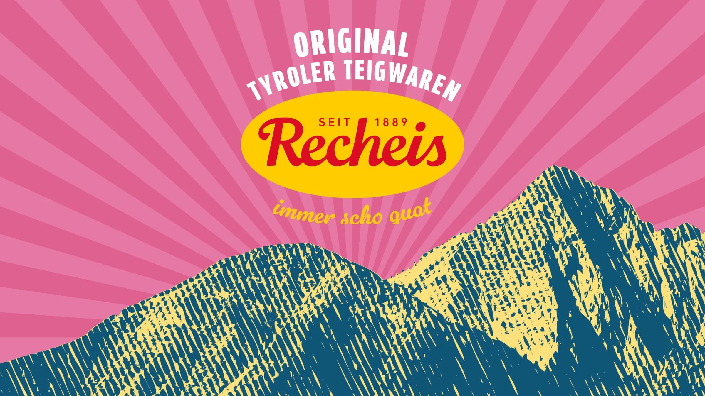 Key visual Fleckerl: the Recheis logo above the Hafelekar silhouette, rays in pink