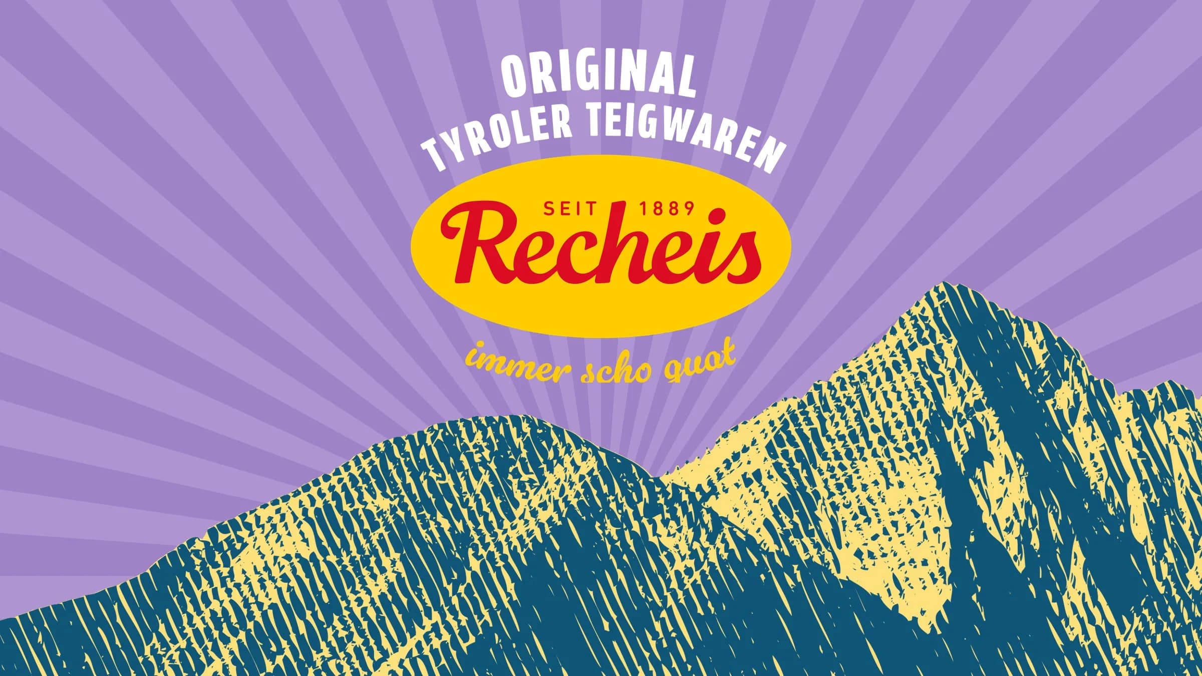 Key visual Spaghetti: the Recheis logo above the Hafelekar silhouette, rays in purple