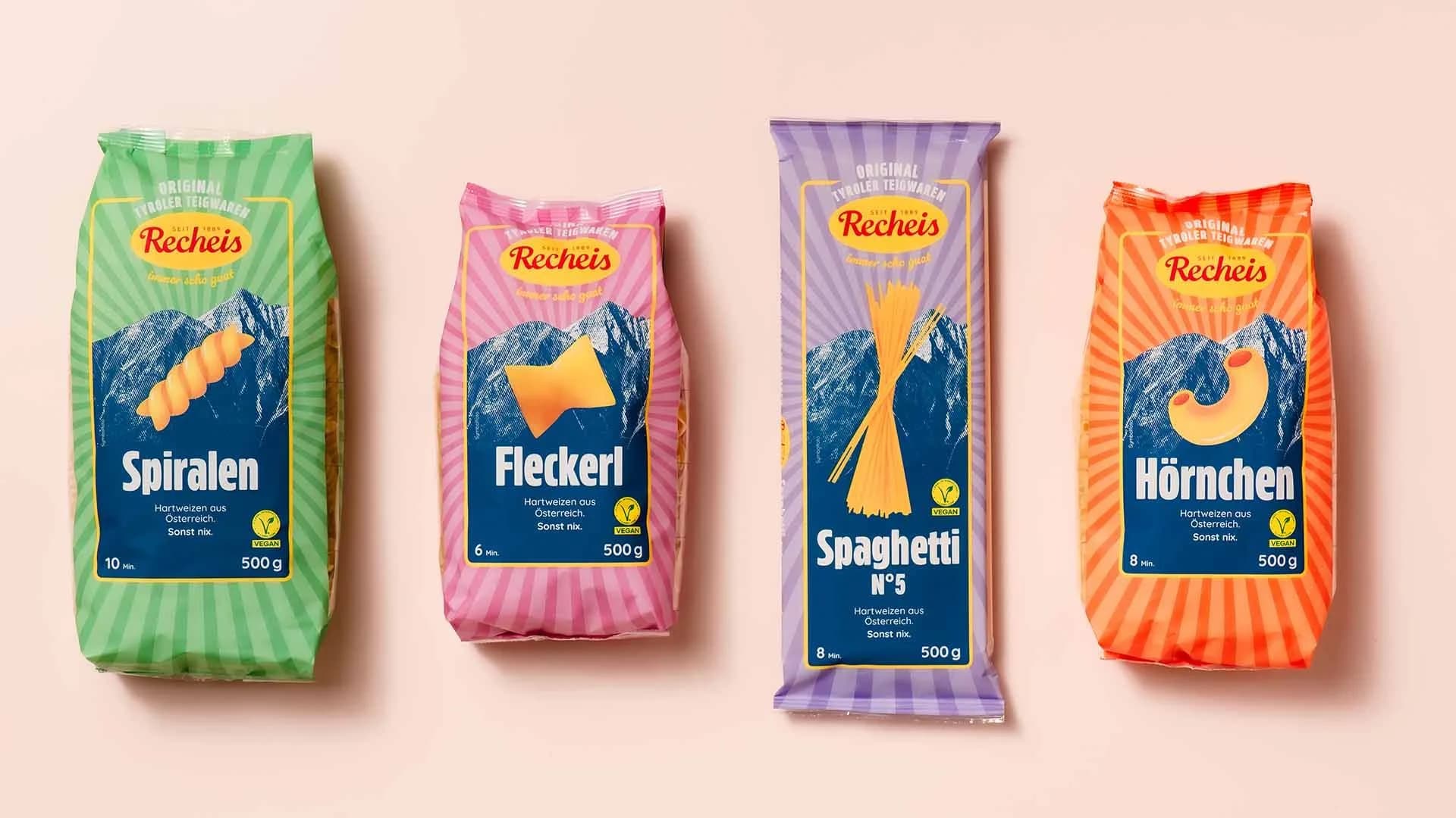 The four varieties side by side: Spiralen, Fleckerl, Spaghetti N°5 and Hörnchen