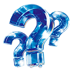 Drei dreidimensionale Fragezeichen-Symbole in leuchtendem Eisblau, das wie aus Kristall geformt ist